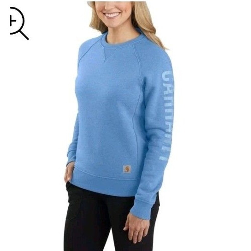 Carhartt Womens XS Relaxed Fit Graphic Long Sleeve Crew Neck Sweatshirt Sky Blue